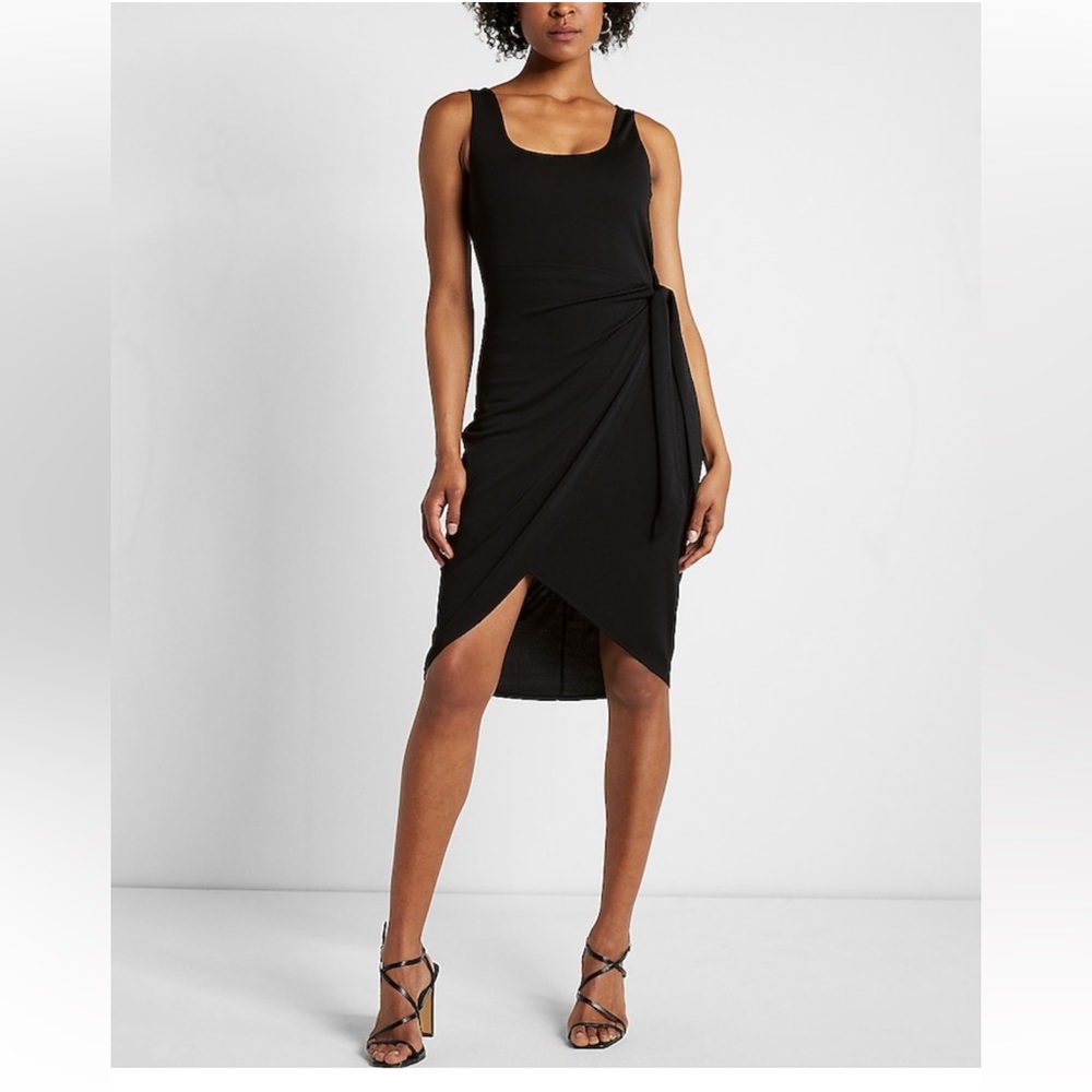 BODY CONTOUR BUILT-IN COMPRESSION WRAP FRONT TIE WAIST MIDI DRESS